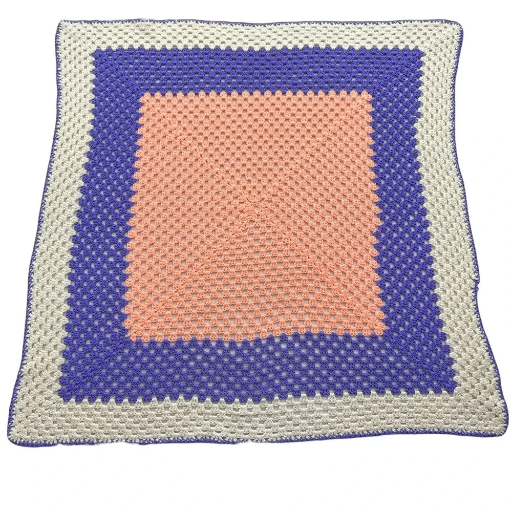 Handmade Crochet Granny Square Blanket Peach Purple Cream Colorblock Throw 45x43